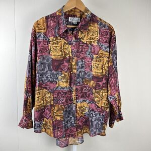 Vintage 90s Whistles Top Blouse Womens Large 100% Silk Abstract Fun Artsy Print‎